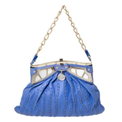 Versace Blue Leather Mirror Frame Chain Shoulder Bag For Women