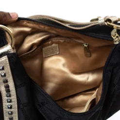 Versace Black/Gold Nylon And Leather Studded Hobo For Women -Versace Official Website luxury women versace used handbags p309843 003