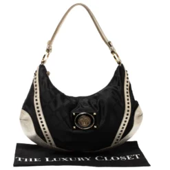 Versace Black/Gold Nylon And Leather Studded Hobo For Women -Versace Official Website luxury women versace used handbags p309843 007