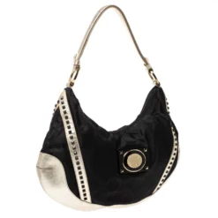 Versace Black/Gold Nylon And Leather Studded Hobo For Women -Versace Official Website luxury women versace used handbags p309843 009