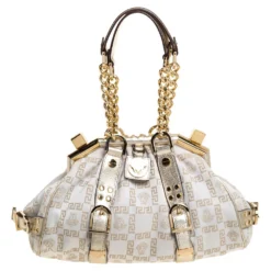 Versace Beige/Metallic Canvas And Leather Madonna Boston Bag For Women