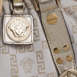 Versace Beige/Metallic Canvas And Leather Madonna Boston Bag For Women -Versace Official Website luxury women versace used handbags p310917 002