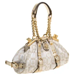 Versace Beige/Metallic Canvas And Leather Madonna Boston Bag For Women -Versace Official Website luxury women versace used handbags p310917 003