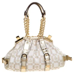 Versace Beige/Metallic Canvas And Leather Madonna Boston Bag For Women -Versace Official Website luxury women versace used handbags p310917 004