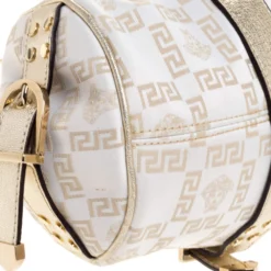 Versace Beige/Metallic Canvas And Leather Madonna Boston Bag For Women -Versace Official Website luxury women versace used handbags p310917 006