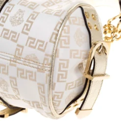 Versace Beige/Metallic Canvas And Leather Madonna Boston Bag For Women -Versace Official Website luxury women versace used handbags p310917 007