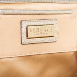 Versace Beige/Metallic Canvas And Leather Madonna Boston Bag For Women -Versace Official Website luxury women versace used handbags p310917 009