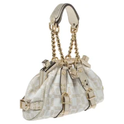 Versace Gold/White Signature Fabric And Leather Frame Satchel For Women -Versace Official Website luxury women versace used handbags p314342 001