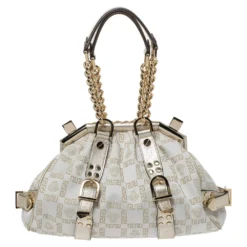 Versace Gold/White Signature Fabric And Leather Frame Satchel For Women -Versace Official Website luxury women versace used handbags p314342 002