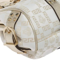 Versace Gold/White Signature Fabric And Leather Frame Satchel For Women -Versace Official Website luxury women versace used handbags p314342 005