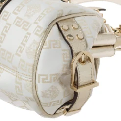 Versace Gold/White Signature Fabric And Leather Frame Satchel For Women -Versace Official Website luxury women versace used handbags p314342 006