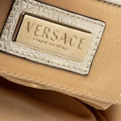 Versace Gold/White Signature Fabric And Leather Frame Satchel For Women -Versace Official Website luxury women versace used handbags p314342 008