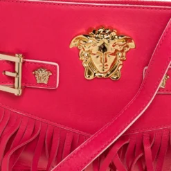 Versace Hot Pink Leather Fringed Medusa Shoulder Bag For Women -Versace Official Website luxury women versace used handbags p315667 005
