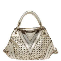 Versace Metallic Gold Woven Leather Crystal Embellished V Satchel For Women