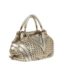 Versace Metallic Gold Woven Leather Crystal Embellished V Satchel For Women -Versace Official Website luxury women versace used handbags p315775 004