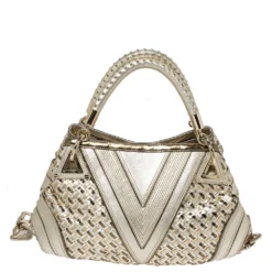 Versace Metallic Gold Woven Leather Crystal Embellished V Satchel For Women -Versace Official Website luxury women versace used handbags p315775 005