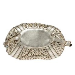 Versace Metallic Gold Woven Leather Crystal Embellished V Satchel For Women -Versace Official Website luxury women versace used handbags p315775 006