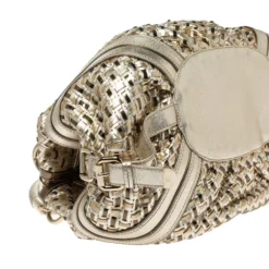 Versace Metallic Gold Woven Leather Crystal Embellished V Satchel For Women -Versace Official Website luxury women versace used handbags p315775 007