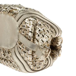 Versace Metallic Gold Woven Leather Crystal Embellished V Satchel For Women -Versace Official Website luxury women versace used handbags p315775 008