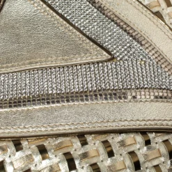 Versace Metallic Gold Woven Leather Crystal Embellished V Satchel For Women -Versace Official Website luxury women versace used handbags p315775 009