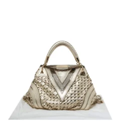 Versace Metallic Gold Woven Leather Crystal Embellished V Satchel For Women -Versace Official Website luxury women versace used handbags p315775 010