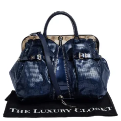 Versace Blue Striped Patent Leather Studded Frame Satchel For Women -Versace Official Website luxury women versace used handbags p318187 001