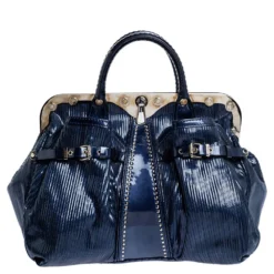 Versace Blue Striped Patent Leather Studded Frame Satchel For Women