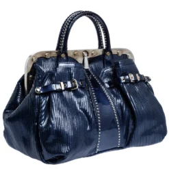 Versace Blue Striped Patent Leather Studded Frame Satchel For Women -Versace Official Website luxury women versace used handbags p318187 012
