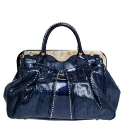 Versace Blue Striped Patent Leather Studded Frame Satchel For Women -Versace Official Website luxury women versace used handbags p318187 013