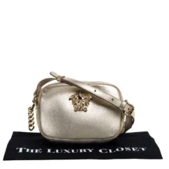 Versace Metallic Gold Leather Palazzo Medusa Camera Crossbody Bag For Women -Versace Official Website luxury women versace used handbags p321957 006