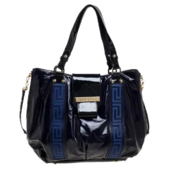 Versace Two Tone Blue Patent Vinyl And Leather Side Zip Tote For Women