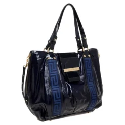 Versace Two Tone Blue Patent Vinyl And Leather Side Zip Tote For Women -Versace Official Website luxury women versace used handbags p323169 006