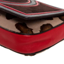 Versace Brown/Red Leopard Print Calfhair, Leather And Suede Palazzo Flap Shoulder Bag For Women -Versace Official Website luxury women versace used handbags p326453 005