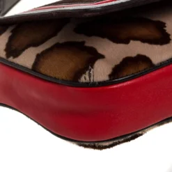 Versace Brown/Red Leopard Print Calfhair, Leather And Suede Palazzo Flap Shoulder Bag For Women -Versace Official Website luxury women versace used handbags p326453 007