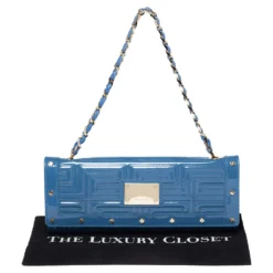 Versace Blue Quilted Patent Leather Flap Shoulder Bag For Women -Versace Official Website luxury women versace used handbags p328238 001