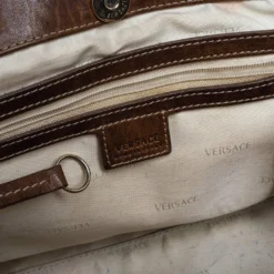 Versace Brown Signature Canvas And Leather Palazzo Plaque Shoulder Bag For Women -Versace Official Website luxury women versace used handbags p335091 002