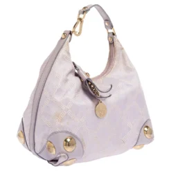 Versace Lilac Signature Canvas And Leather Small Studded Hobo For Women -Versace Official Website luxury women versace used handbags p336046 005