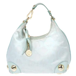 Versace Light Turquoise Signature Canvas And Leather Small Studded Hobo For Women