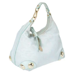 Versace Light Turquoise Signature Canvas And Leather Small Studded Hobo For Women -Versace Official Website luxury women versace used handbags p336048 003