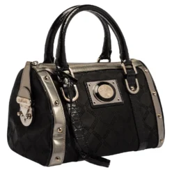Versace Black Fabric And Leather Satchel For Women -Versace Official Website luxury women versace used handbags p340463 009