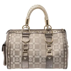 Versace Beige/Metallic Fabric And Leather Snap Out Of It Satchel For Women -Versace Official Website luxury women versace used handbags p340511 001