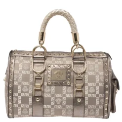 Versace Beige/Metallic Fabric And Leather Snap Out Of It Satchel For Women