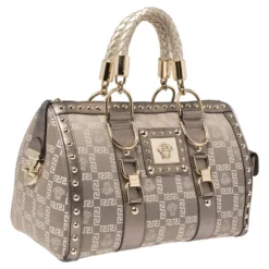 Versace Beige/Metallic Fabric And Leather Snap Out Of It Satchel For Women -Versace Official Website luxury women versace used handbags p340511 004