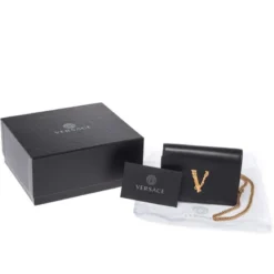 Versace Black Leather Mini Virtus Chain Wallet For Women 19 Versace Black Leather Mini Virtus Chain Wallet For Women -Versace Official Website luxury women versace used handbags p351436 1604311232 001