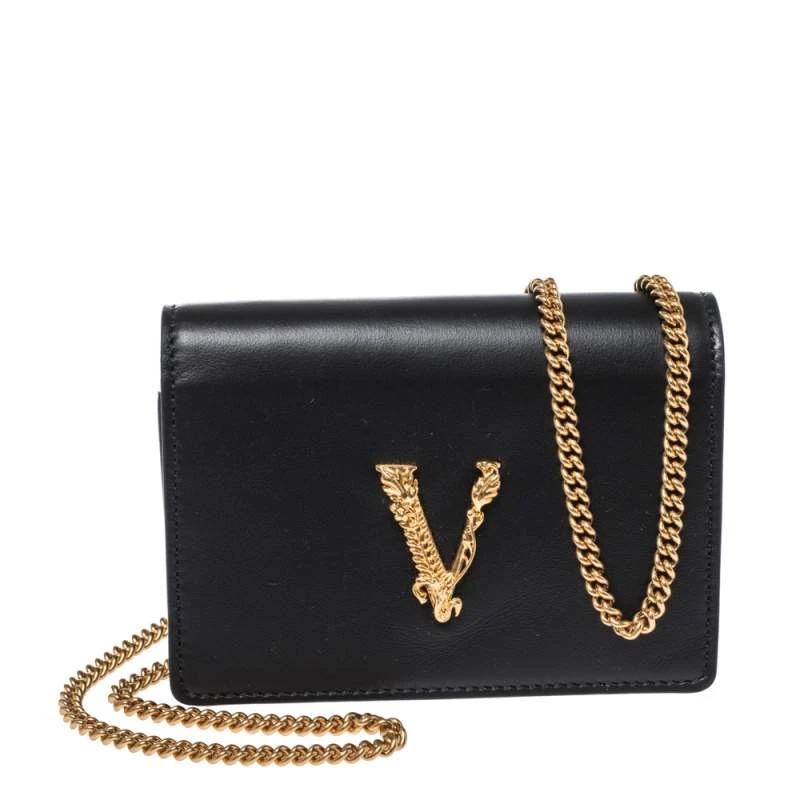 Versace Black Leather Mini Virtus Chain Wallet For Women 1 Versace Black Leather Mini Virtus Chain Wallet For Women