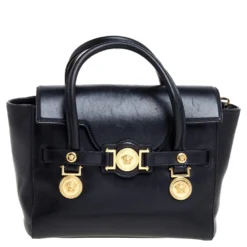 Versace Black Leather Medium Medusa Medallion Tote For Women