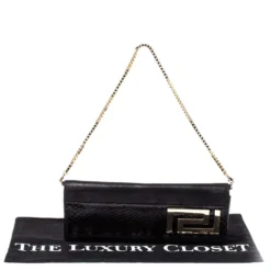 Versace Black Nubuck And Snakeskin Logo Flap Chain Clutch For Women -Versace Official Website luxury women versace used handbags p358413 002