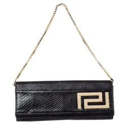 Versace Black Nubuck And Snakeskin Logo Flap Chain Clutch For Women