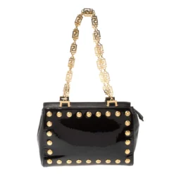 Versace Black Patent Leather Medusa Studded Chain Shoulder Bag For Women