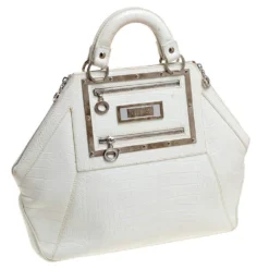 Versace White Croc Embossed Leather Hit Satchel For Women -Versace Official Website luxury women versace used handbags p361606 005